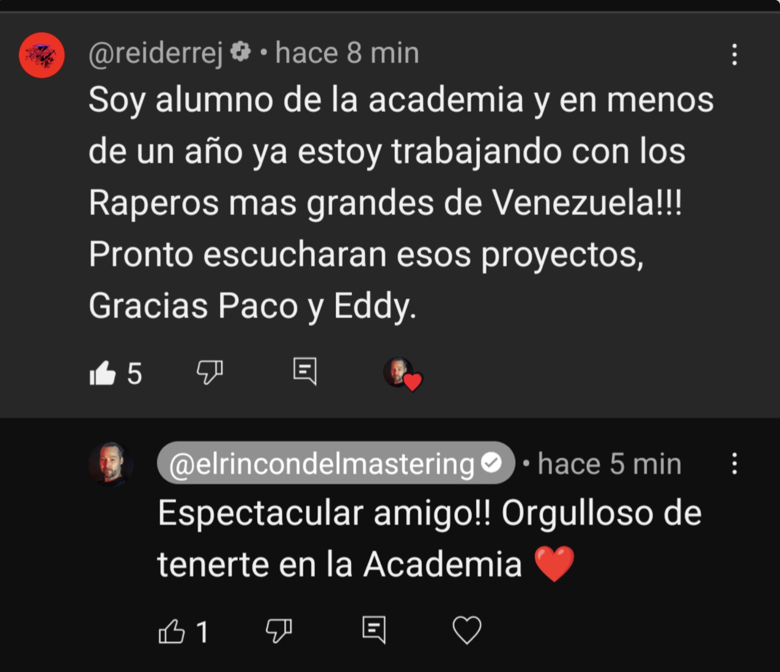 Comentario de un alumno: en menos de un año ya estoy trabajando con los raperos más grandes de Venezuela.