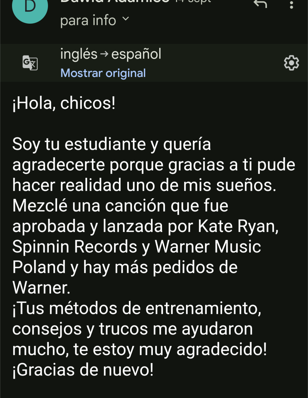 Mensaje de Dawid Adamiec: mixé una canción que fue aprobada y lanzada por Kate Ryan, Spinnin' Records y Warner Music Poland.